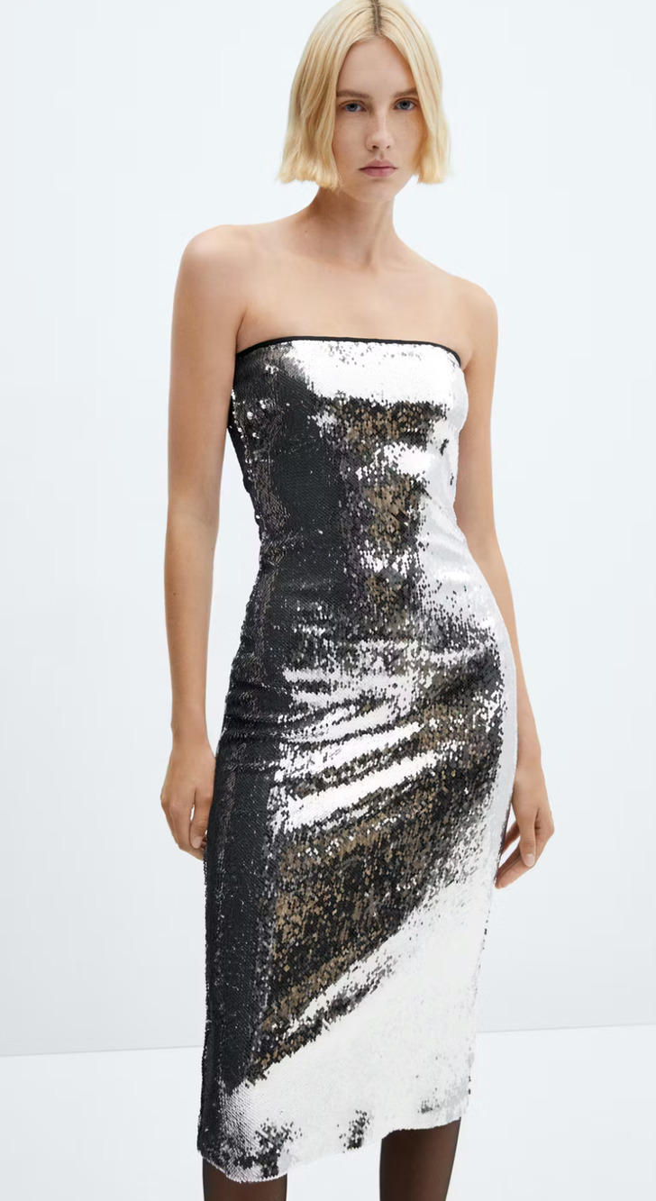 NEW MANGO MNG SILVER STRAPLESS SEQUINED SEQUIN DRESS SZ S US 4